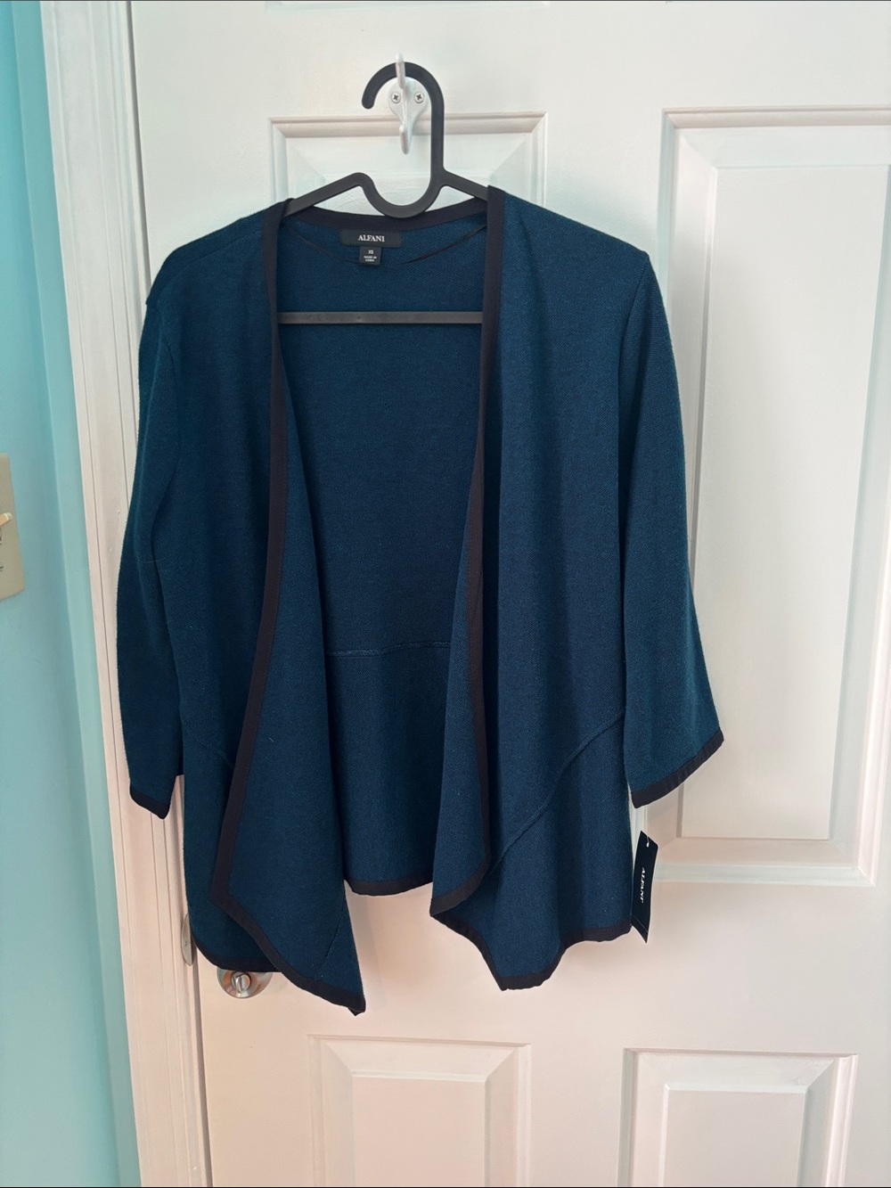 Alfani Open-Front Cardigan in Teal with Black Trim